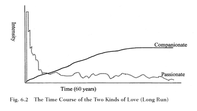 Jonathan Haidt's hypothetical model of passionate love and companionate love in a (very) long-term relationship.