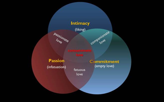 Sternberg's triangular theory of love, made of three main components: passion, intimacy, and commitment. These overlap and combine into different types of love.