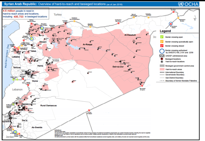 Map showing areas of Syria under siege and beyond reach of relief efforts, as of Jan 2016. Source: Reliefweb.